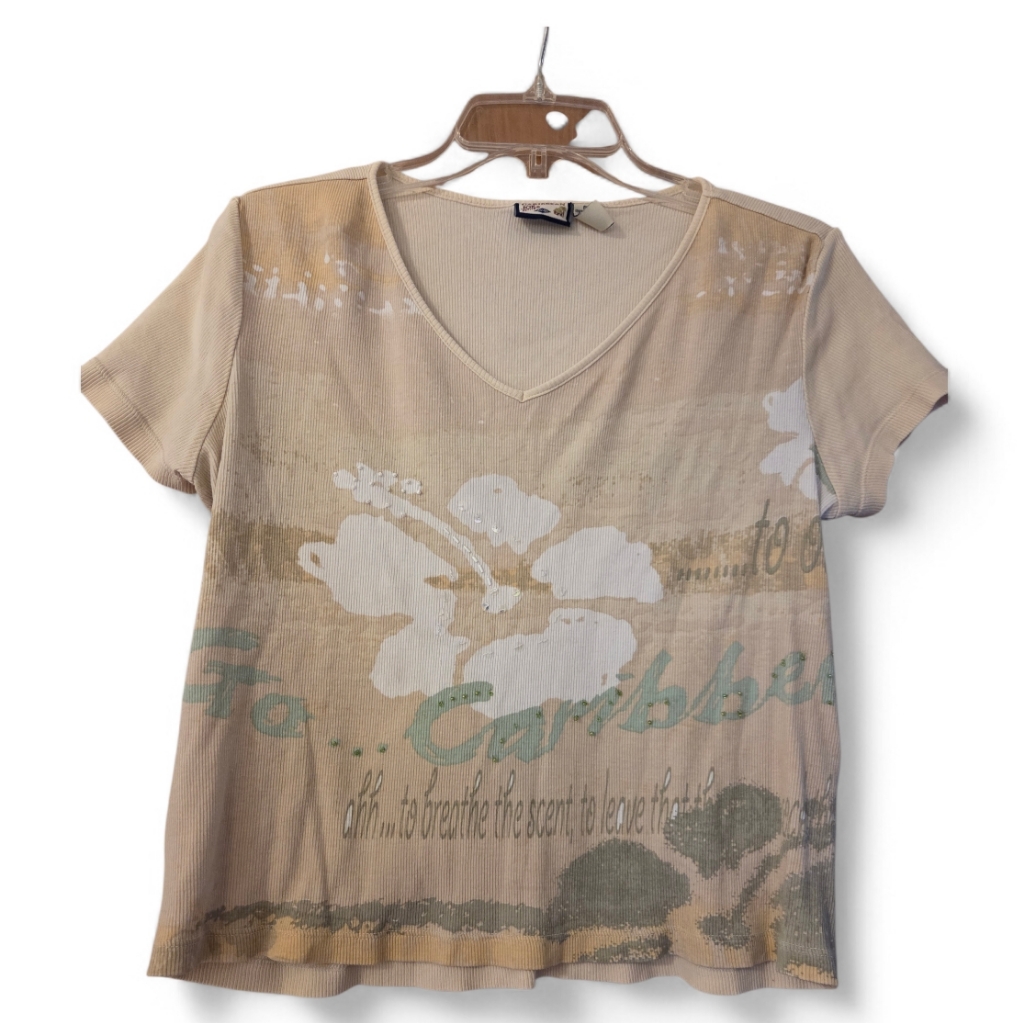 Carribean Joe Y2k 90's Summer Beige Flower Graphic Sequin Size Medium Petite
